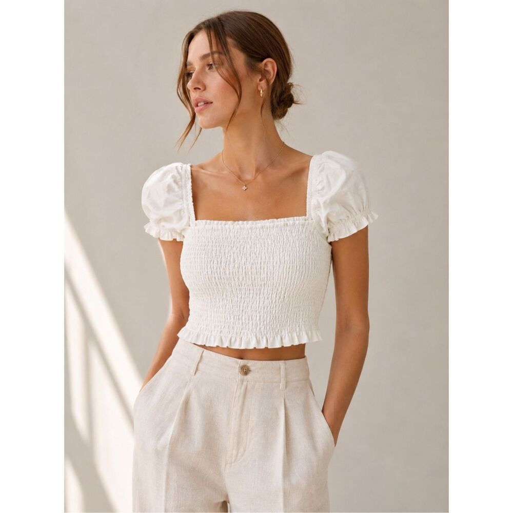 ASTR The Label White Smocked Puff Sleeve Crop Top Linen Lyocell Size L